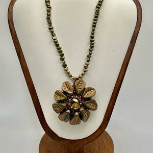 Handmade Floral Pendant Statement Necklace Pearl Glass Pendant